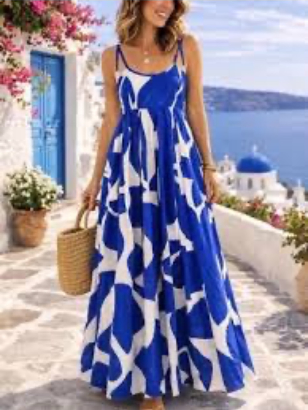 Anthropologie Blue & White printed babydoll Maxi Dress